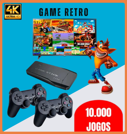 Videogame Nostálgico com 10.000 Jogos Clássicos Game Stick 64GB com 2 Controles